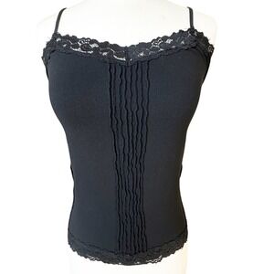VTG Bebe Black Lace Trim Ruched Camisole Tank Top Y2K Layering Lagenlook 90s 00s